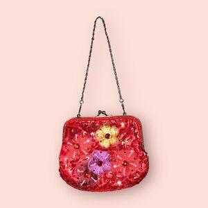 Red Beaded Floral Clutch Purse